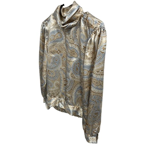 ShipN Shore Paisley Satin Blouse Sz M Long Sleeve Cowl Neck Beige Blue Print - Picture 3 of 8